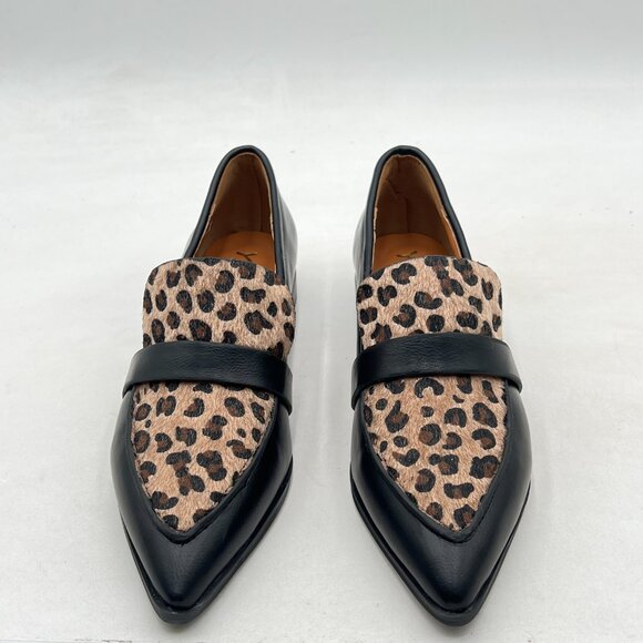 YDN Leopard Black Loafers Comfort Stacked Low Heel Poined Slip On Walking Shoes - Picture 3 of 8
